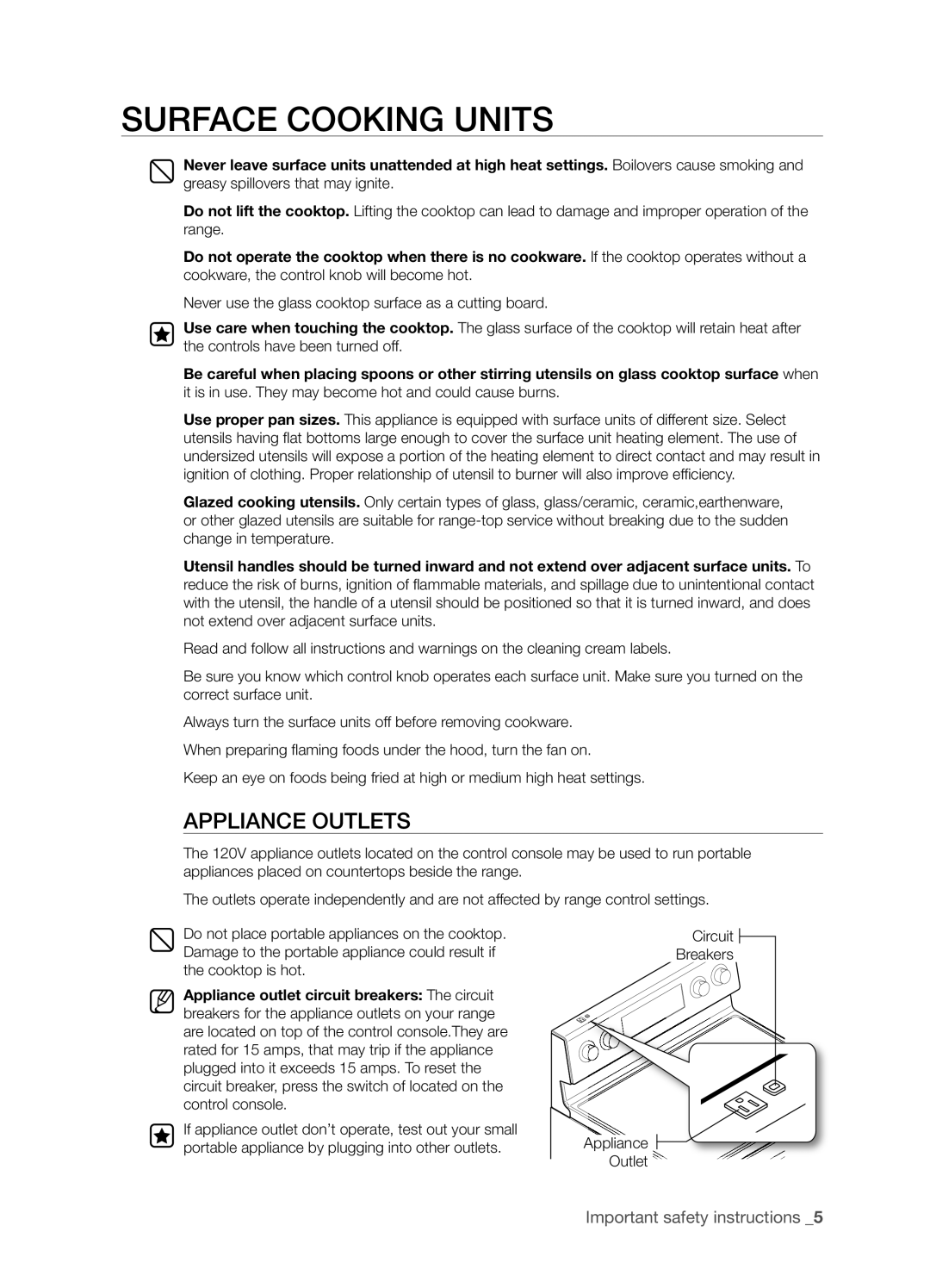 Samsung FTQ386LWX user manual Surface Cooking Units, Appliance Outlets, Important safety instructions _5 