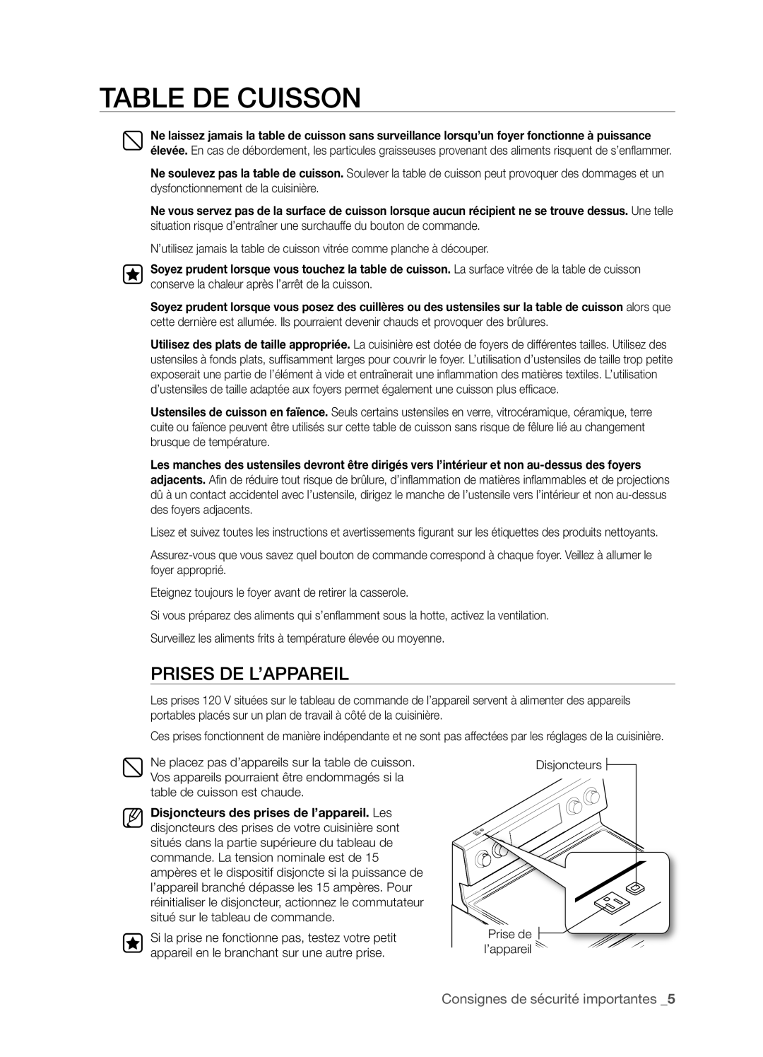Samsung FTQ386LWX user manual Table De Cuisson, Prises De L’Appareil, Consignes de sécurité importantes _5 