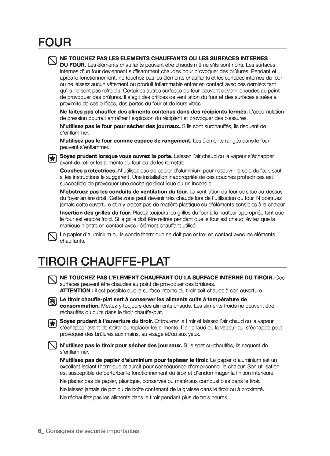 Samsung FTQ386LWX user manual Four, Tiroir Chauffe-Plat, _ Consignes de sécurité importantes 