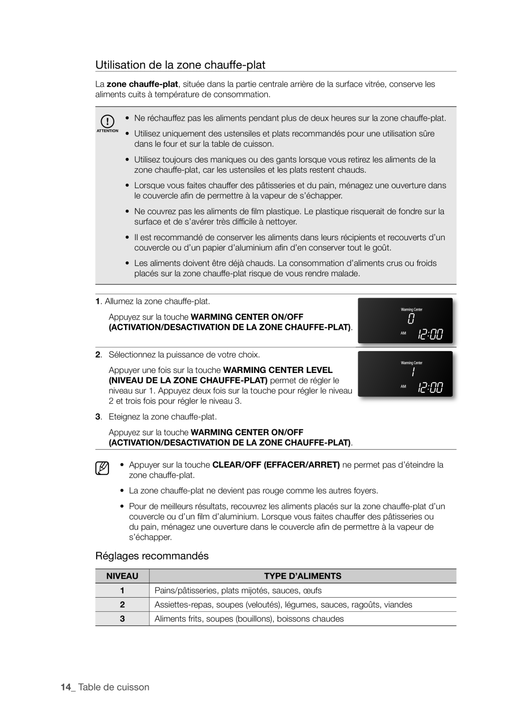 Samsung FTQ386LWX user manual Utilisation de la zone chauffe-plat, Réglages recommandés, 1_ Table de cuisson 