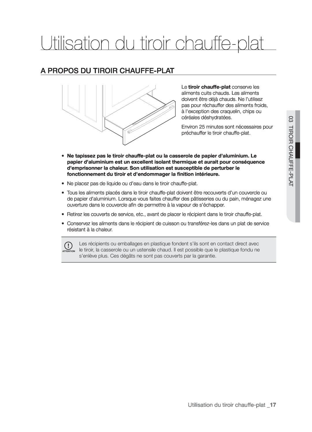Samsung FTQ386LWX user manual A propos du tiroir chauffe-plat, Utilisation du tiroir chauffe-plat, Tiroir Chauffe-Plat 
