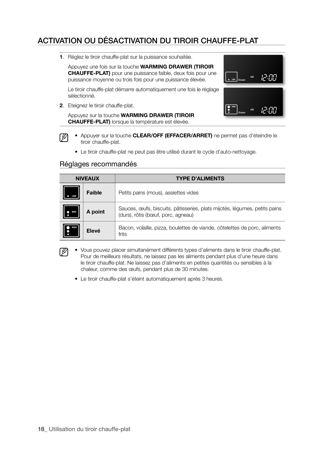 Samsung FTQ386LWX Réglages recommandés, 1_ Utilisation du tiroir chauffe-plat, Niveaux, TyPE D’ALIMENTS, Faible, A point 