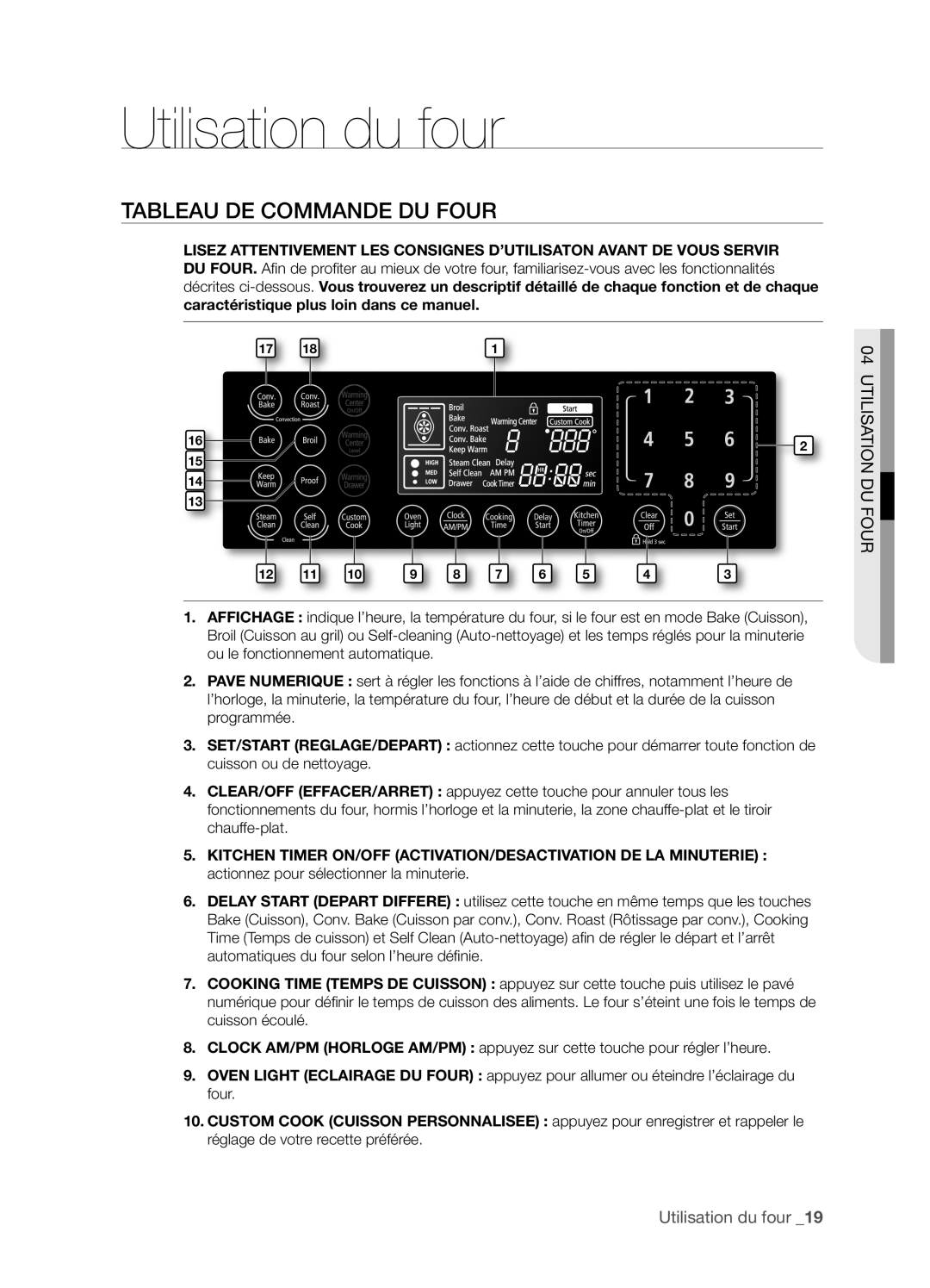 Samsung FTQ386LWX user manual Tableau De Commande Du Four, Utilisation Du Four, Utilisation du four _19 