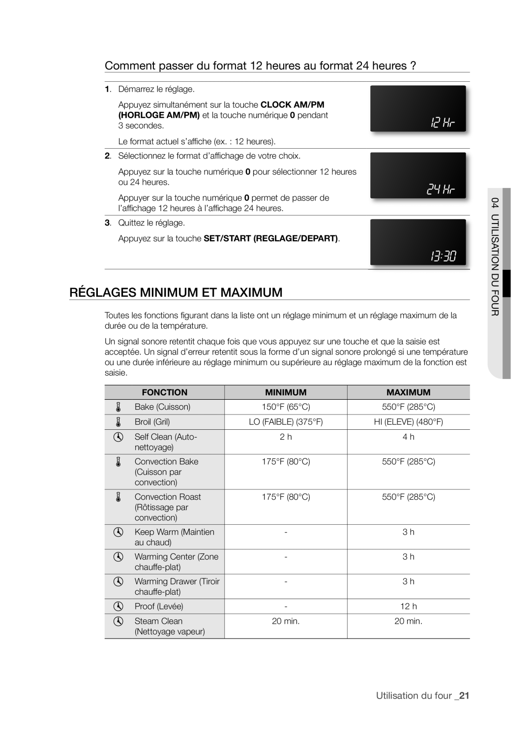 Samsung FTQ386LWX user manual RéGLAGES MINIMUM ET MAXIMUM, Utilisation Du Four, Utilisation du four _21 