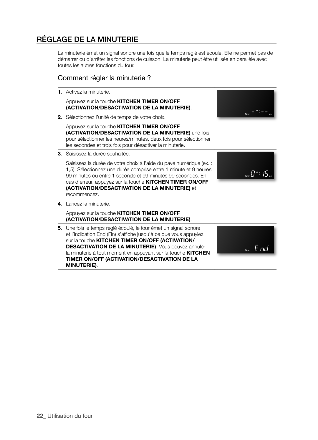 Samsung FTQ386LWX user manual RéGLAGE DE LA MINUTERIE, Comment régler la minuterie ?, 22_ Utilisation du four 