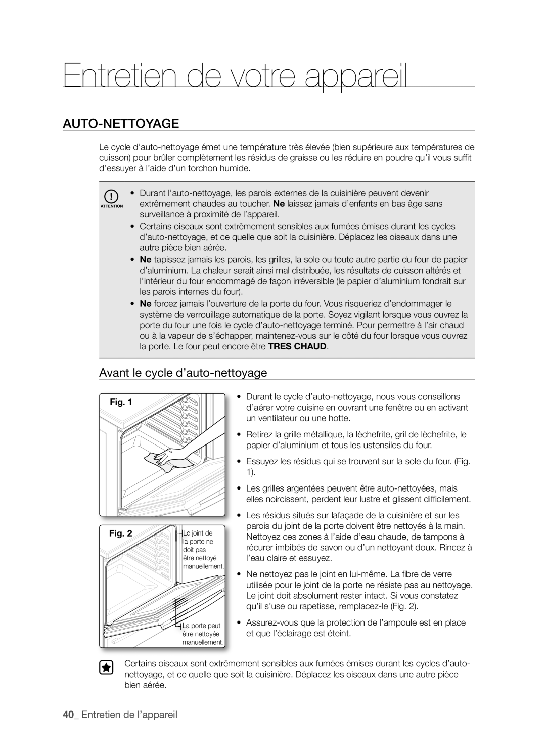 Samsung FTQ386LWX user manual Entretien de votre appareil, Auto-Nettoyage, Avant le cycle d’auto-nettoyage 