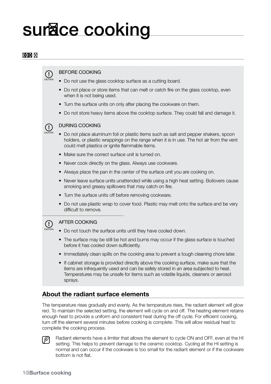 Samsung FTQ387 user manual Surface cooking, About surface cooking, About the radiant surface elements 