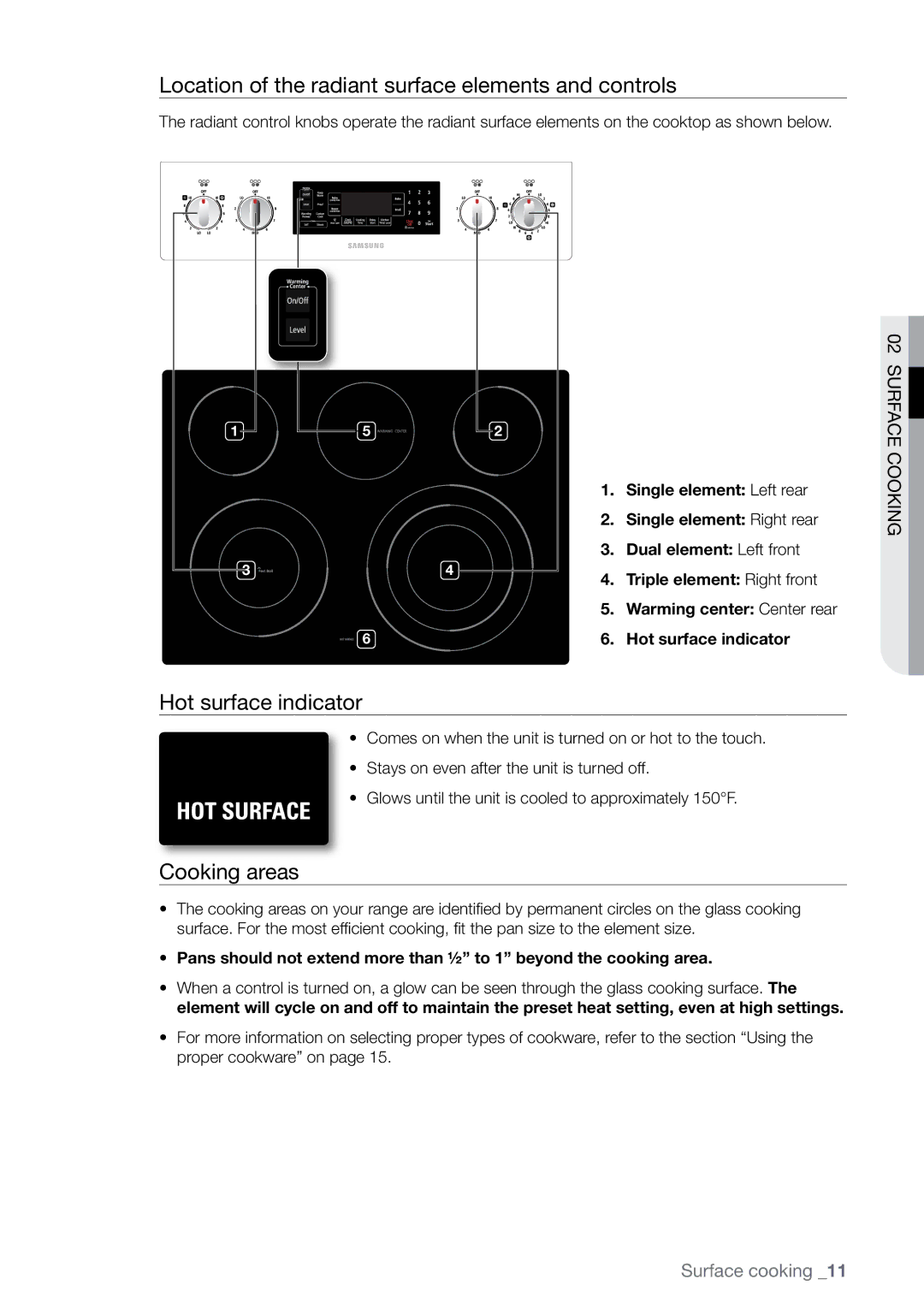 Samsung FTQ387 user manual Location of the radiant surface elements and controls, Hot surface indicator, Cooking areas 