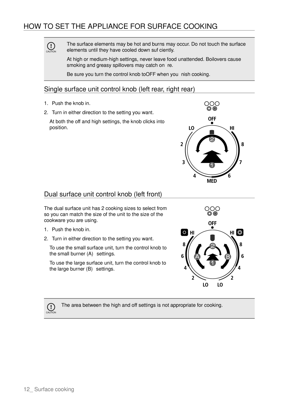 Samsung FTQ387 How to set the appliance for surface cooking, Single surface unit control knob left rear, right rear 