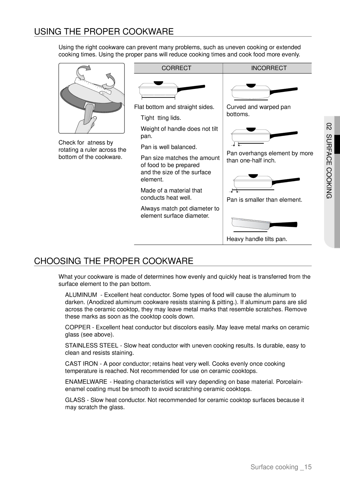 Samsung FTQ387 user manual Using the proper cookware, Choosing the proper cookware, Correct Incorrect 