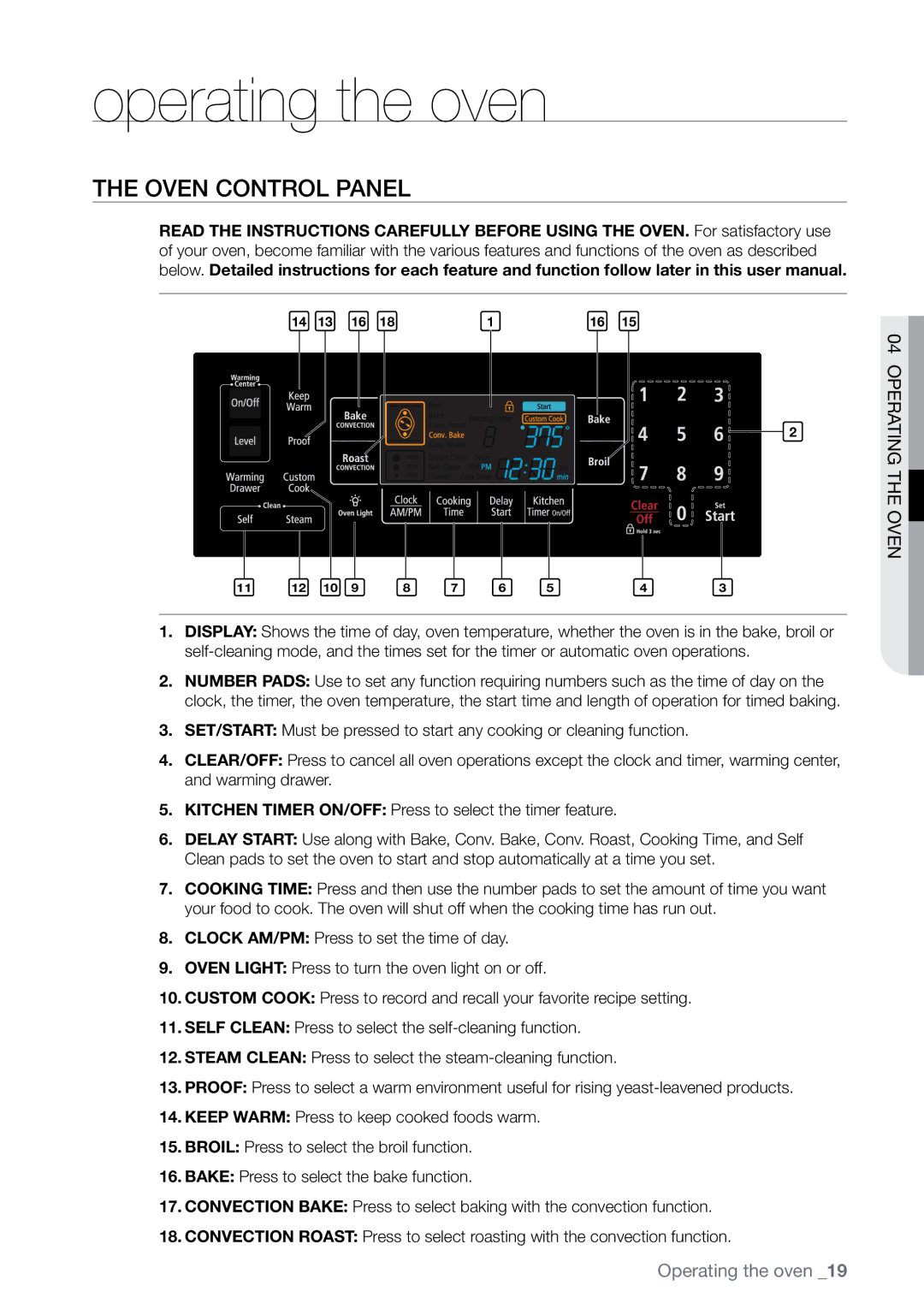 Samsung FTQ387 user manual Operating the oven, Oven control panel 