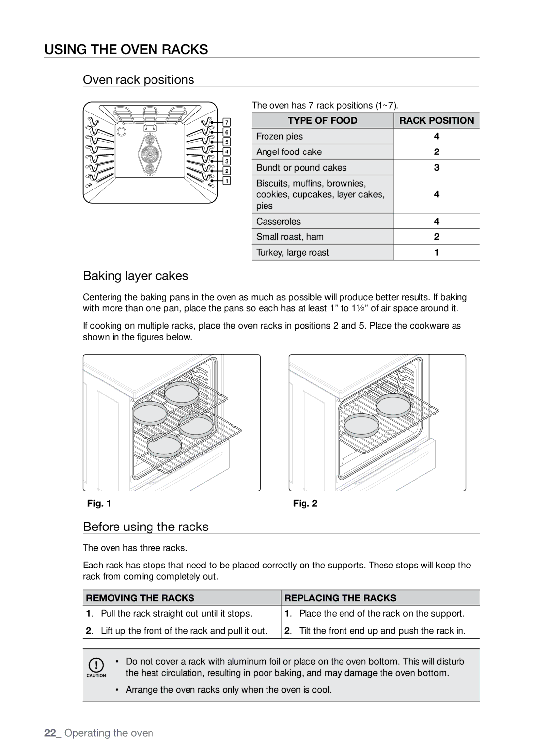 Samsung FTQ387 user manual Using the oven racks, Oven rack positions, Baking layer cakes, Before using the racks 
