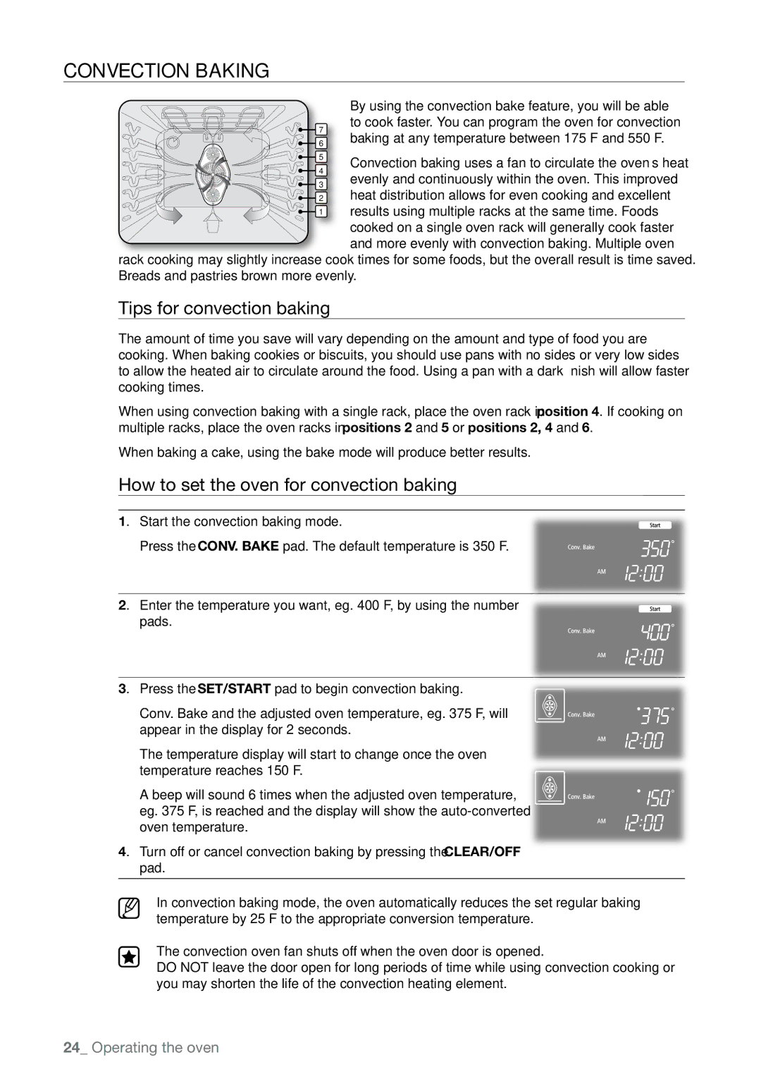 Samsung FTQ387 user manual Convection baking, Tips for convection baking, How to set the oven for convection baking 