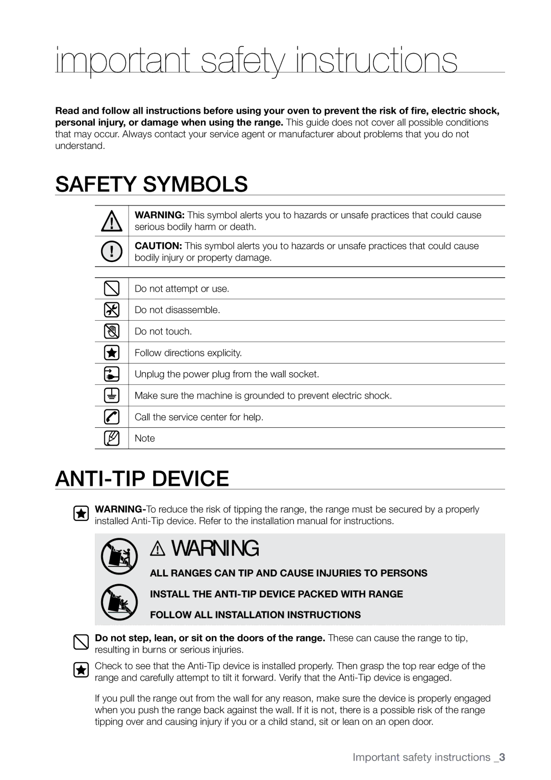 Samsung FTQ387 user manual Important safety instructions, Safety Symbols 