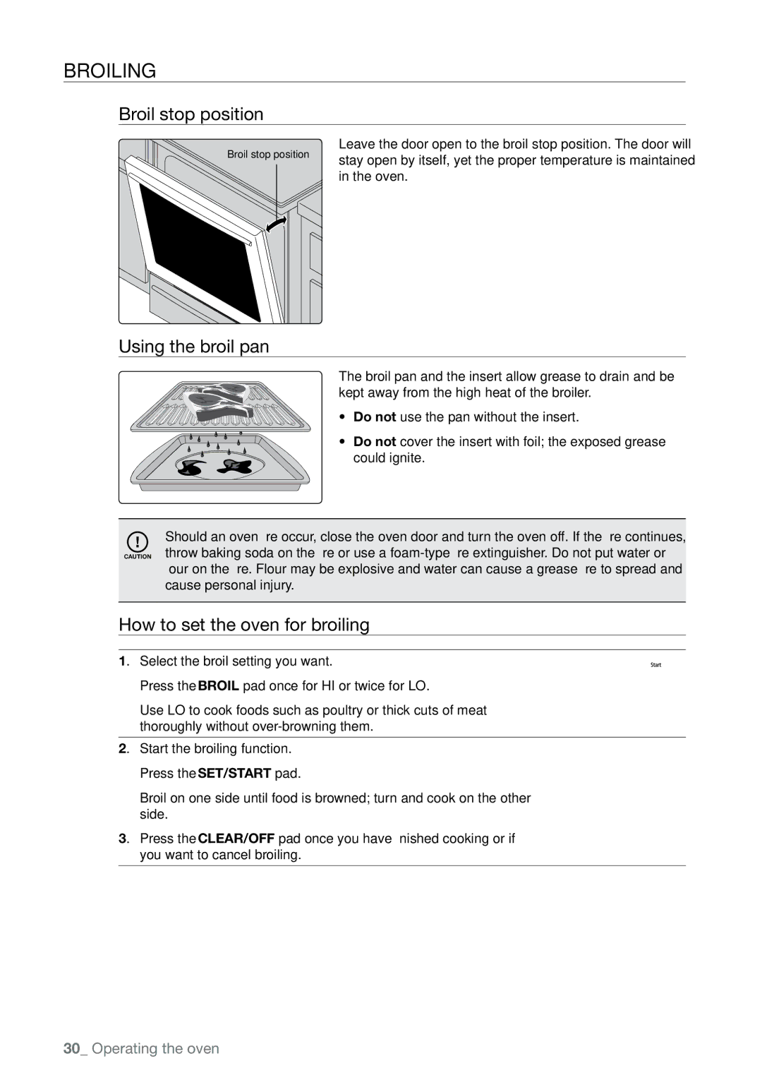 Samsung FTQ387 user manual Broiling, Broil stop position, Using the broil pan, How to set the oven for broiling 