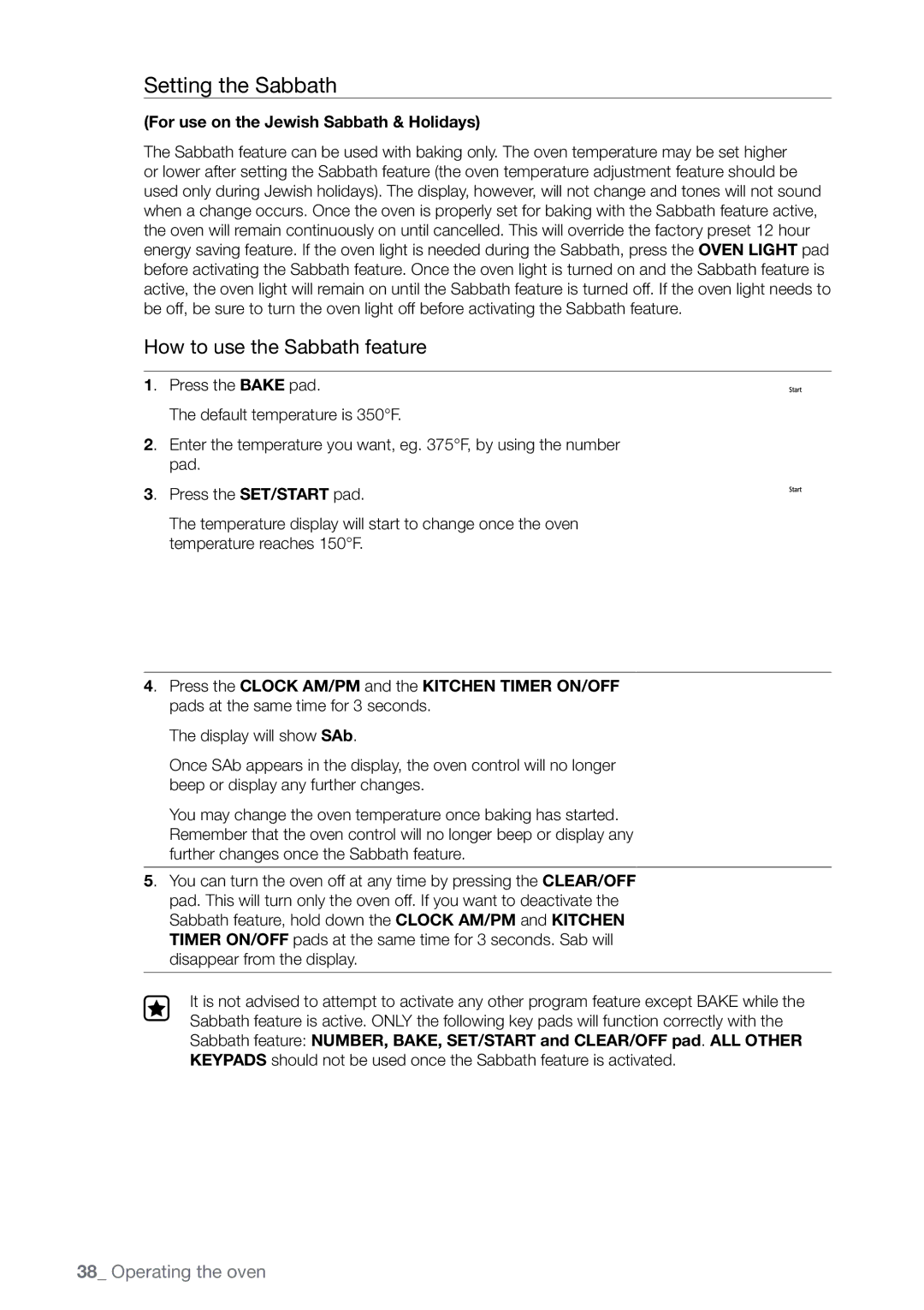 Samsung FTQ387 user manual Setting the Sabbath, For use on the Jewish Sabbath & Holidays 