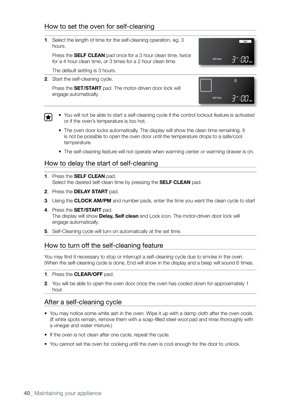 Samsung FTQ387 How to set the oven for self-cleaning, How to delay the start of self-cleaning, After a self-cleaning cycle 