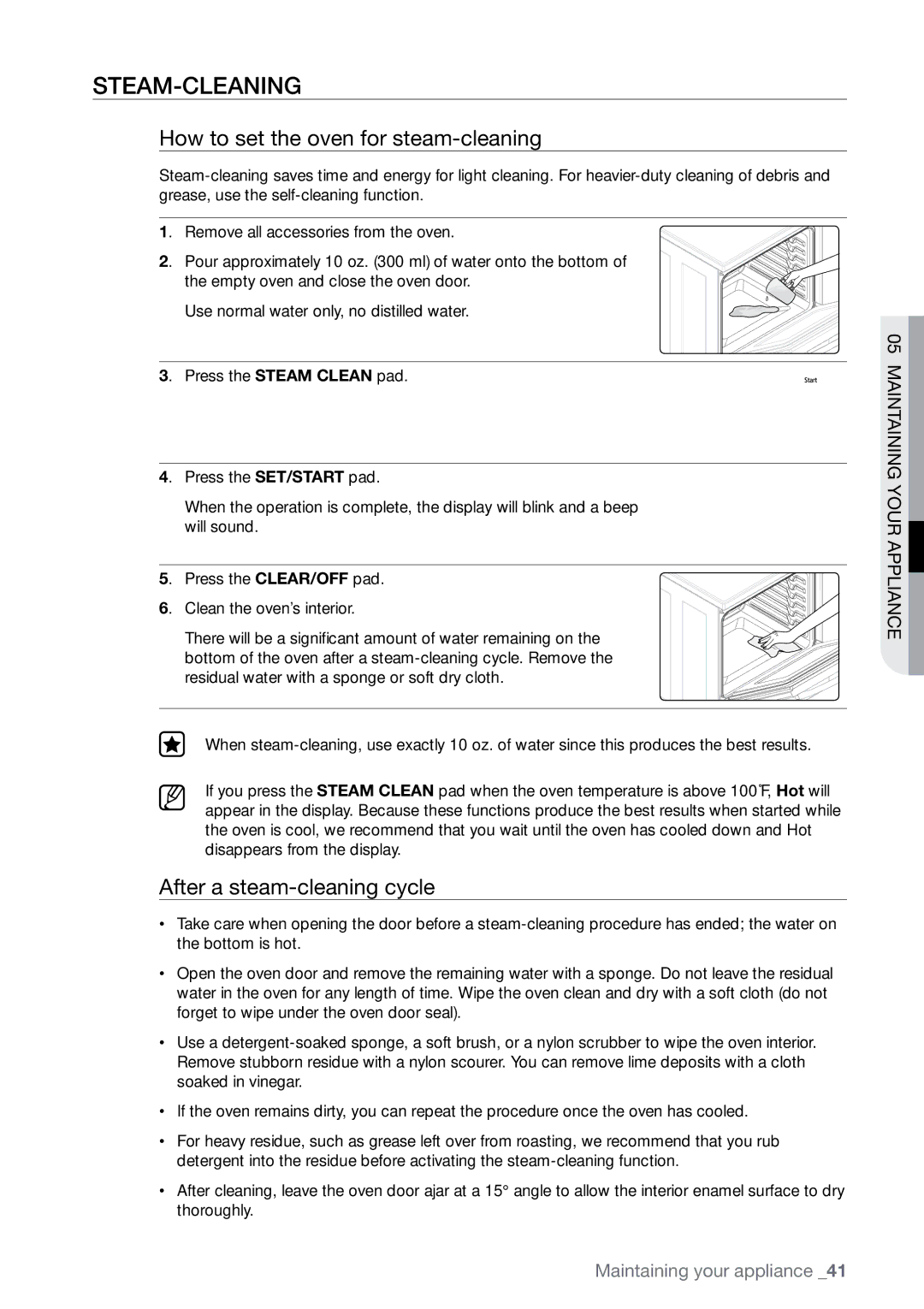 Samsung FTQ387 user manual After a steam-cleaning cycle, Steam-cleaning How to set the oven for steam-cleaning 