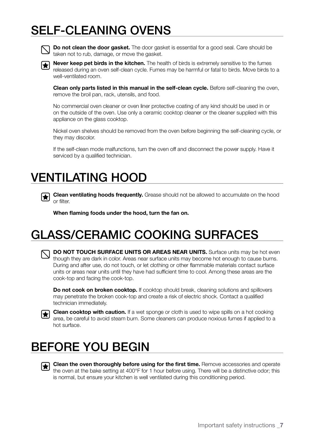 Samsung FTQ387 user manual SELF-CLEANING Ovens, When flaming foods under the hood, turn the fan on 