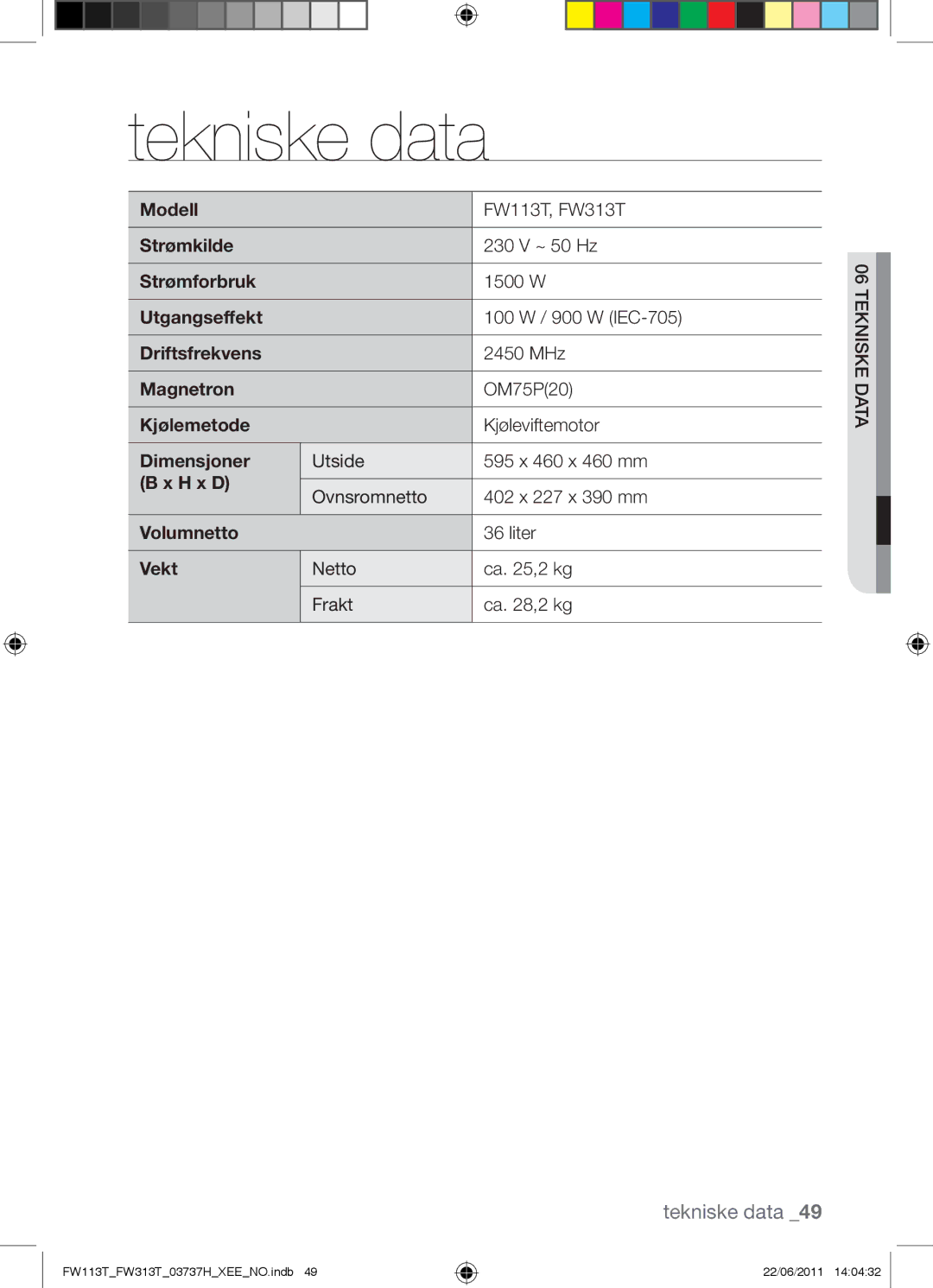 Samsung FW113T001/XEE manual Tekniske data 