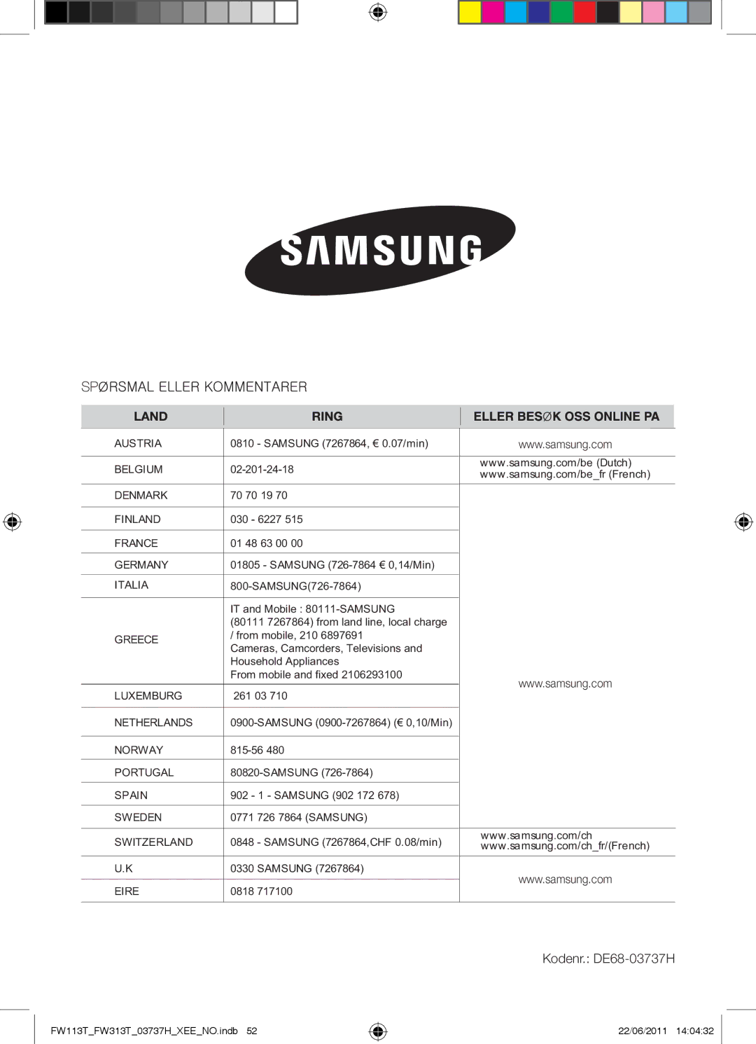 Samsung FW113T001/XEE manual Kodenr. DE68-03737H 