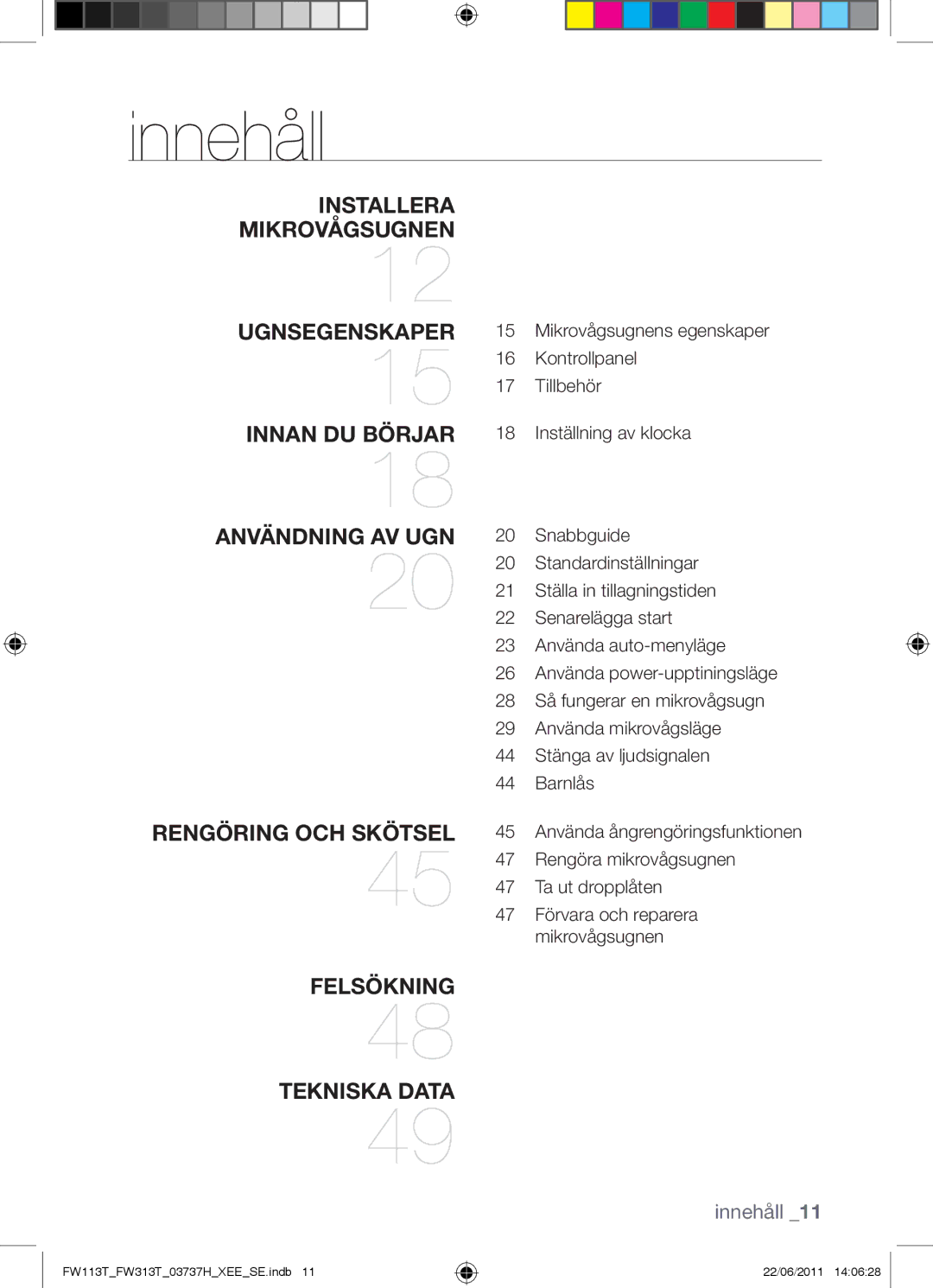 Samsung FW113T001/XEE manual Innehåll, Kontrollpanel, Tillbehör, Inställning av klocka 