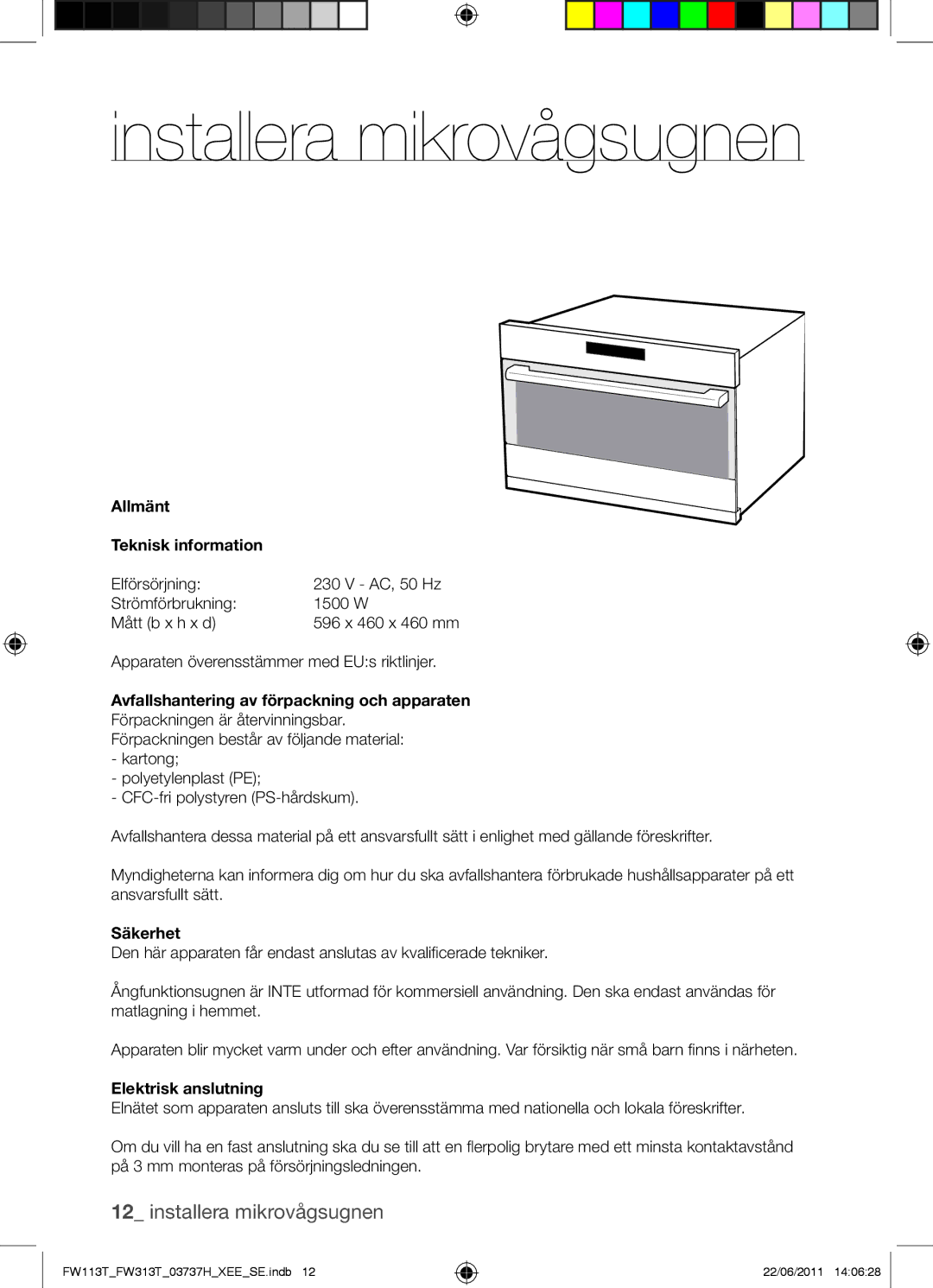 Samsung FW113T001/XEE manual Installera mikrovågsugnen 