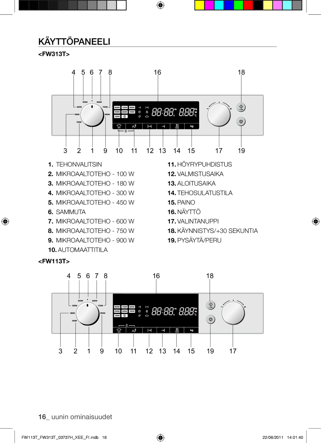 Samsung FW113T001/XEE manual Käyttöpaneeli, Paino 