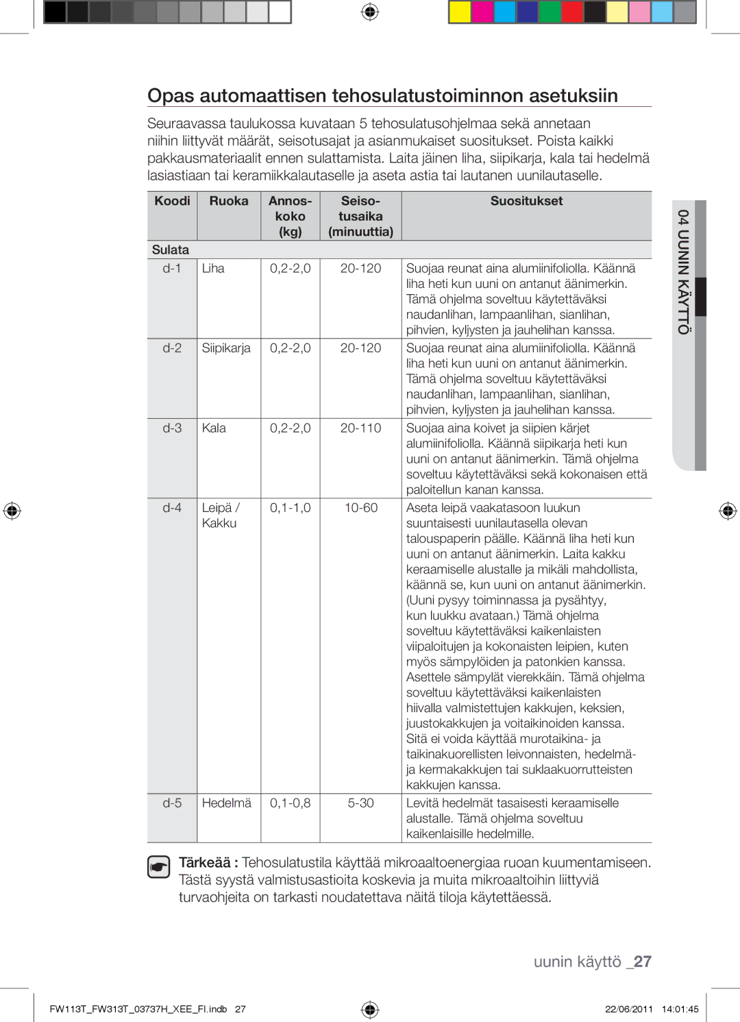 Samsung FW113T001/XEE manual Opas automaattisen tehosulatustoiminnon asetuksiin 