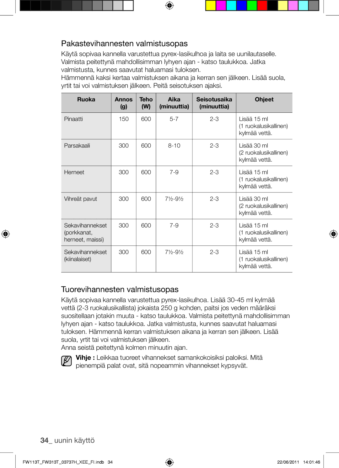 Samsung FW113T001/XEE manual Pakastevihannesten valmistusopas, Tuorevihannesten valmistusopas 