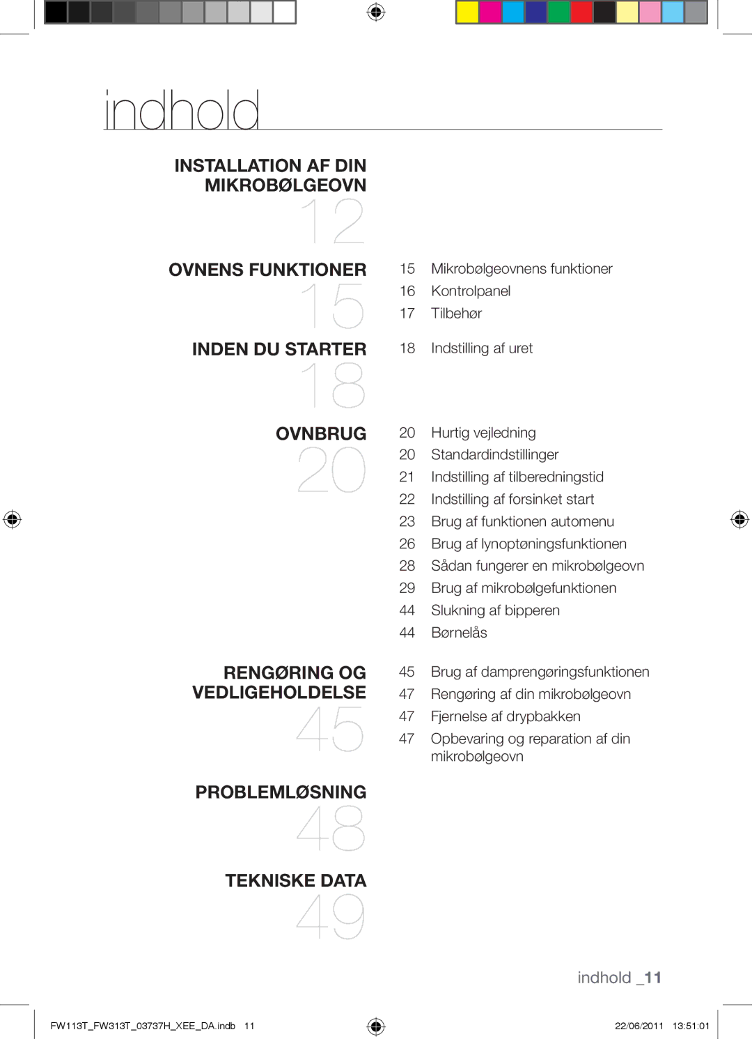 Samsung FW113T001/XEE manual Indhold 