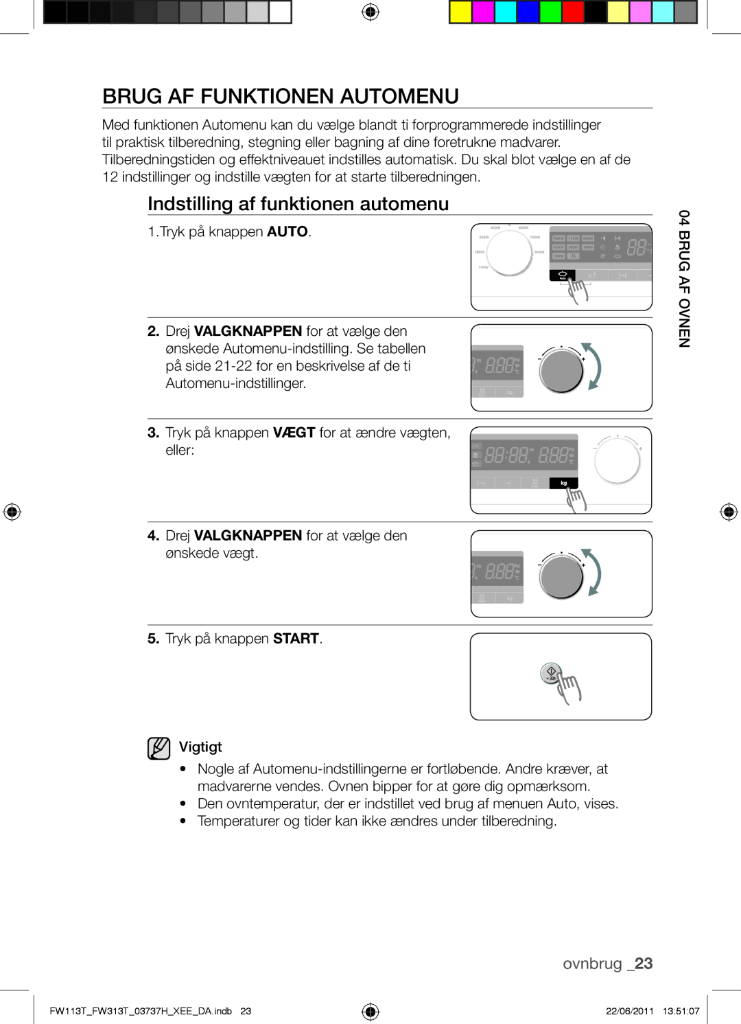 Samsung FW113T001/XEE manual Brug AF Funktionen Automenu, Indstilling af funktionen automenu 