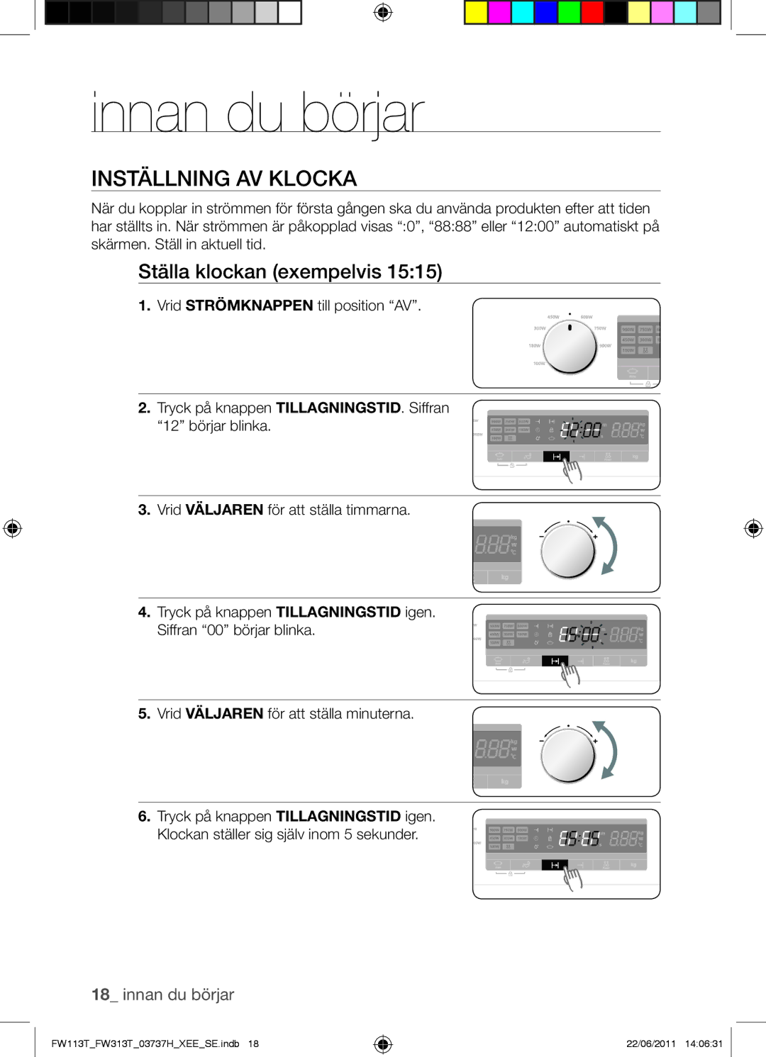 Samsung FW113T001/XEE manual Innan du börjar, Inställning AV Klocka, Ställa klockan exempelvis 