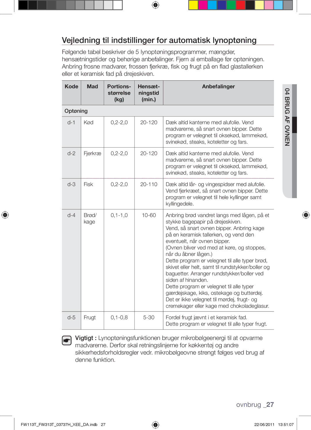 Samsung FW113T001/XEE manual Vejledning til indstillinger for automatisk lynoptøning 