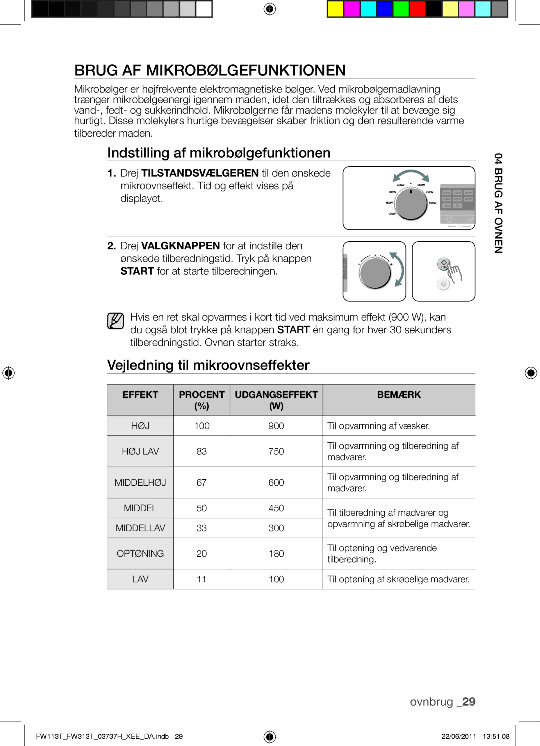 Samsung FW113T001/XEE Brug AF Mikrobølgefunktionen, Indstilling af mikrobølgefunktionen, Vejledning til mikroovnseffekter 