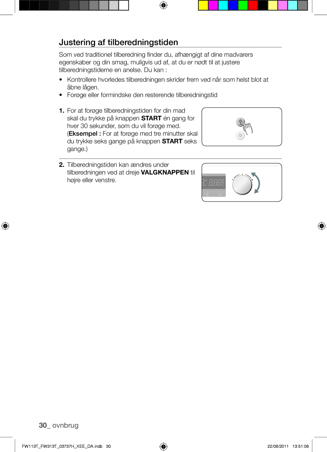 Samsung FW113T001/XEE manual Justering af tilberedningstiden 