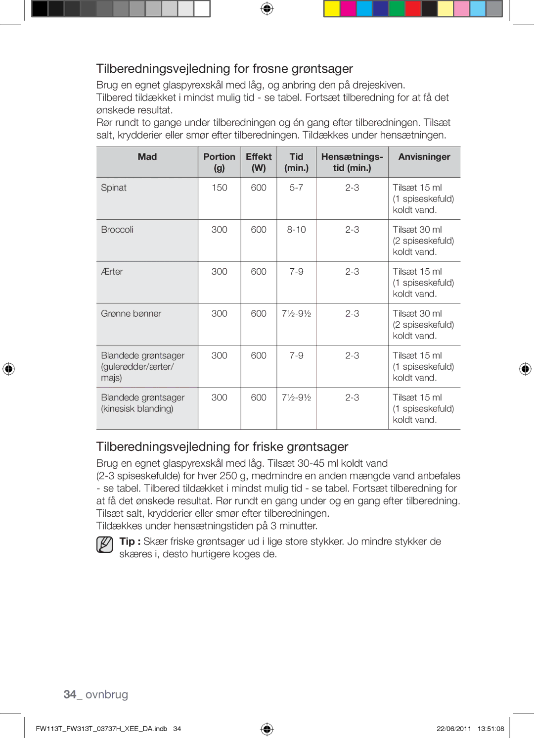 Samsung FW113T001/XEE manual Tilberedningsvejledning for frosne grøntsager, Tilberedningsvejledning for friske grøntsager 