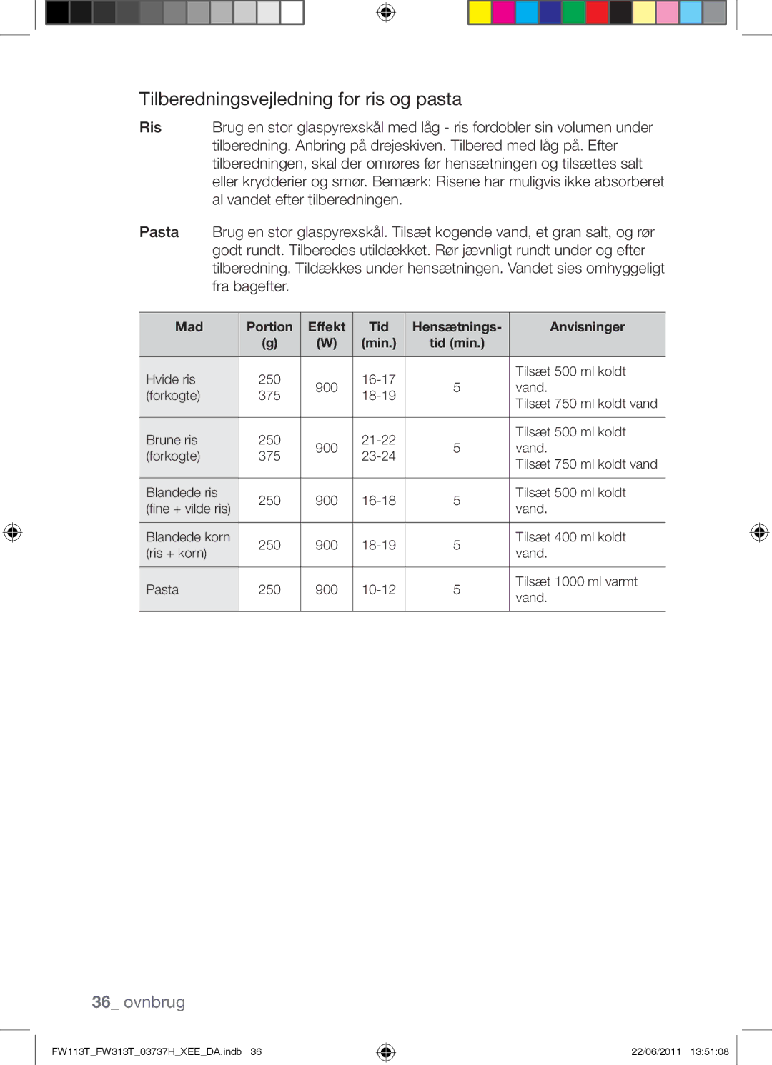 Samsung FW113T001/XEE manual Tilberedningsvejledning for ris og pasta 