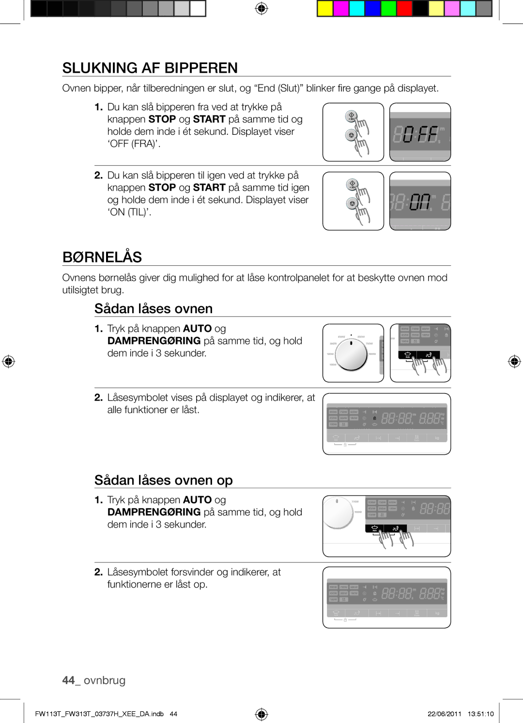 Samsung FW113T001/XEE manual Slukning AF Bipperen, Børnelås, Sådan låses ovnen op 