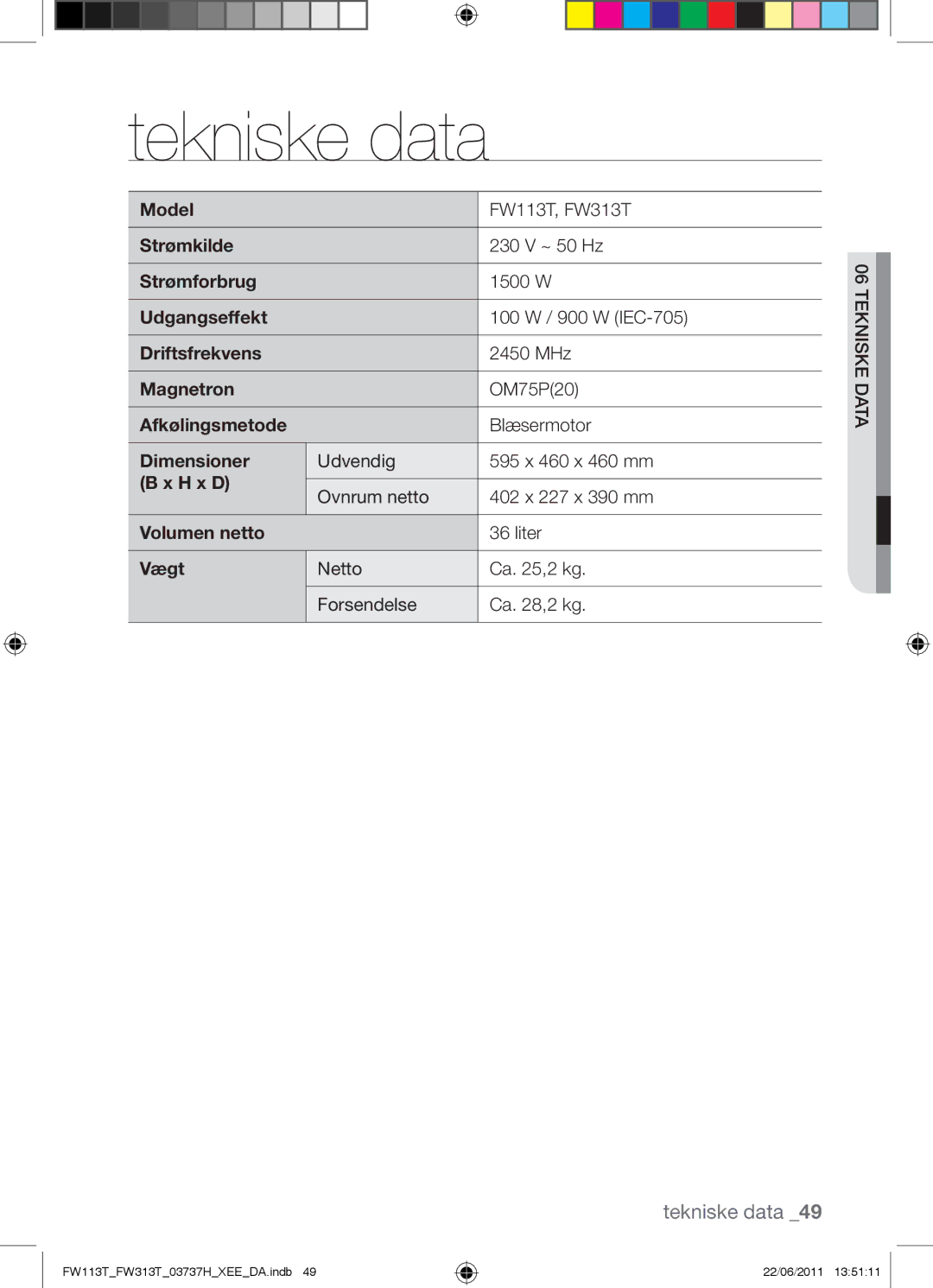 Samsung FW113T001/XEE manual Model, Strømforbrug, Udgangseffekt, Afkølingsmetode, Dimensioner, Volumen netto, Vægt 