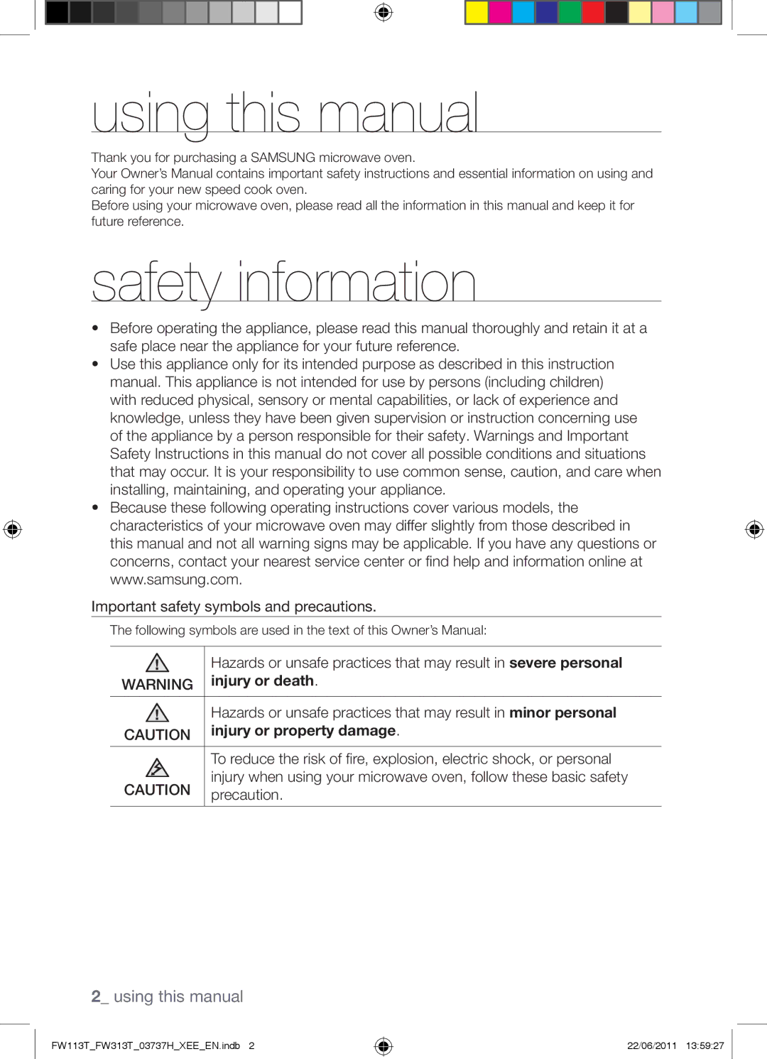 Samsung FW113T001/XEE Using this manual, Safety information, Injury or death, Injury or property damage 