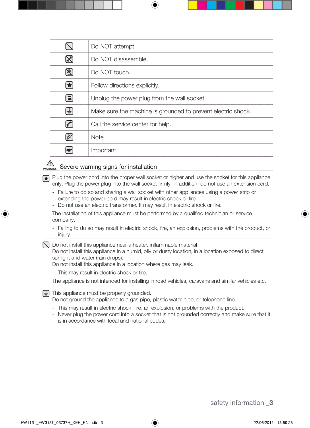 Samsung FW113T001/XEE manual Safety information 