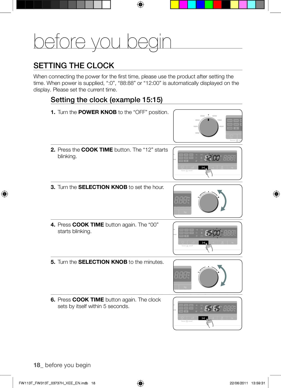 Samsung FW113T001/XEE manual Before you begin, Setting the Clock, Setting the clock example 