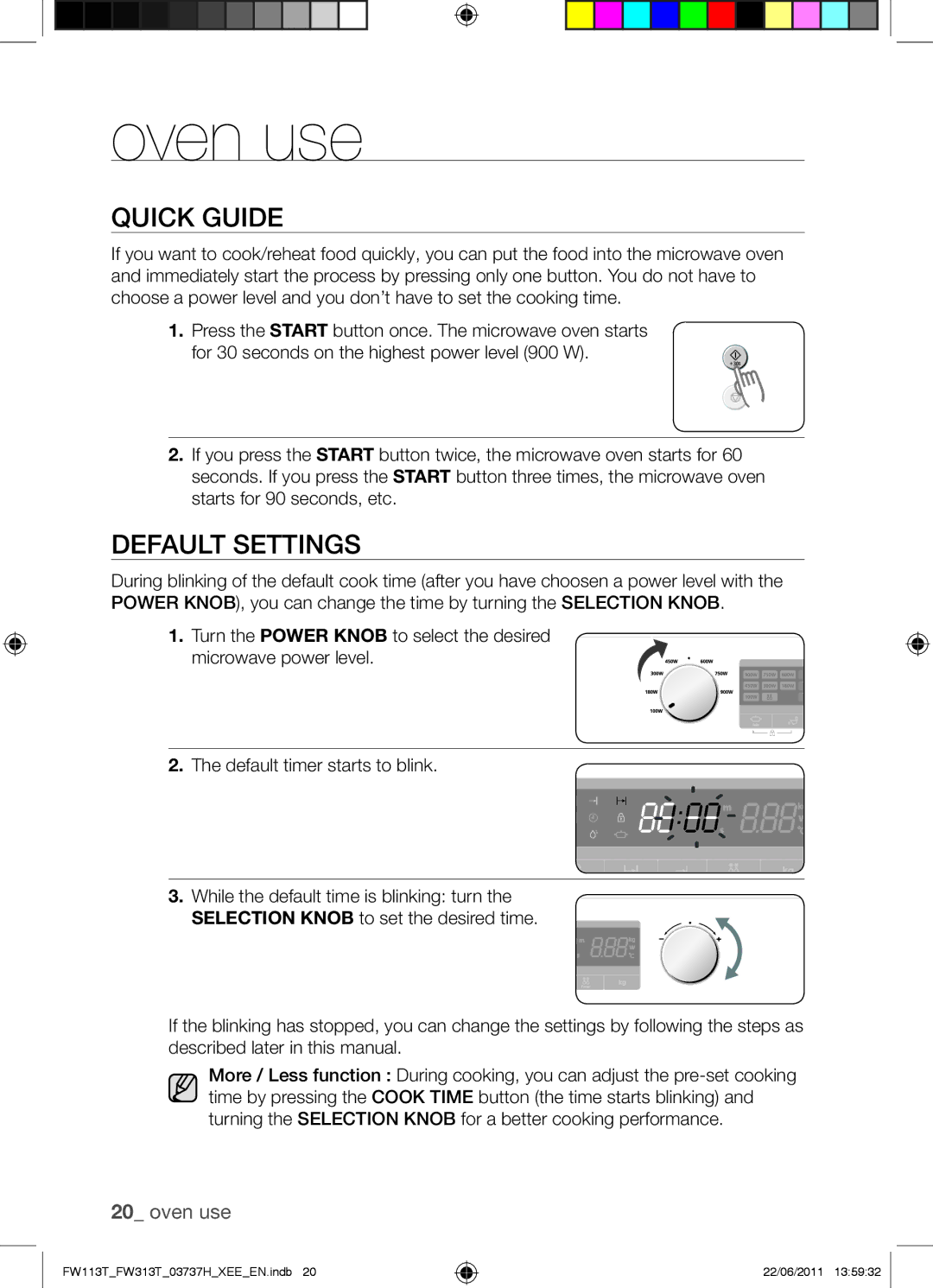 Samsung FW113T001/XEE manual Oven use, Quick Guide, Default Settings 