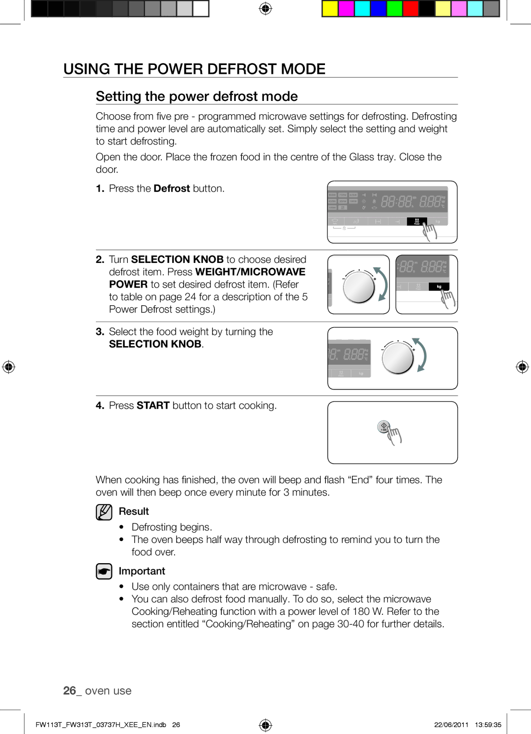 Samsung FW113T001/XEE manual Using the Power Defrost Mode, Setting the power defrost mode 