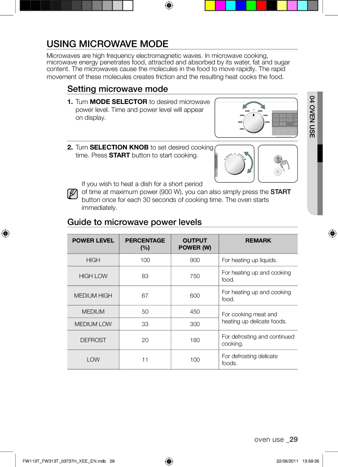 Samsung FW113T001/XEE manual Using Microwave Mode, Setting microwave mode, Guide to microwave power levels 