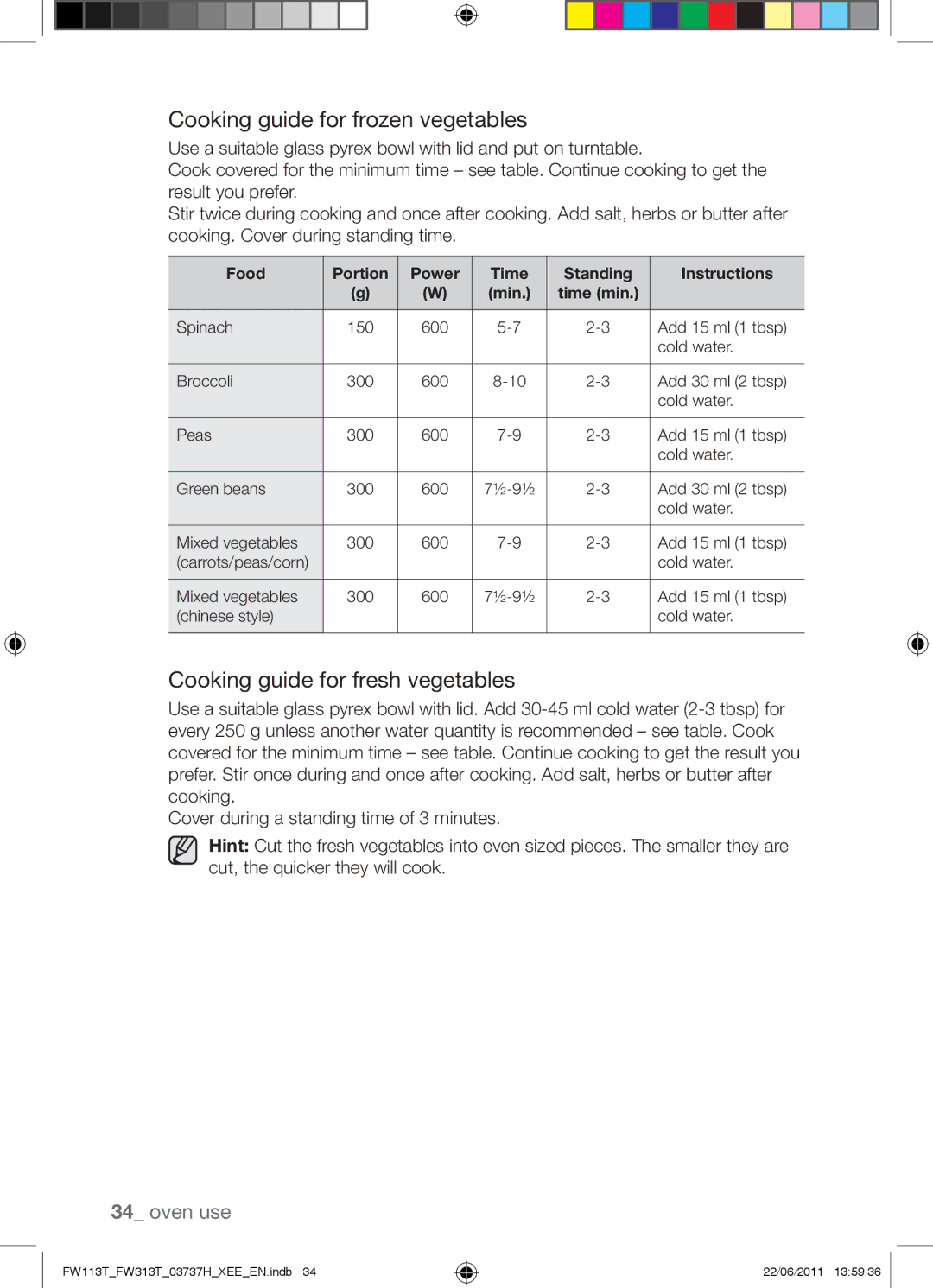 Samsung FW113T001/XEE manual Cooking guide for frozen vegetables, Cooking guide for fresh vegetables 