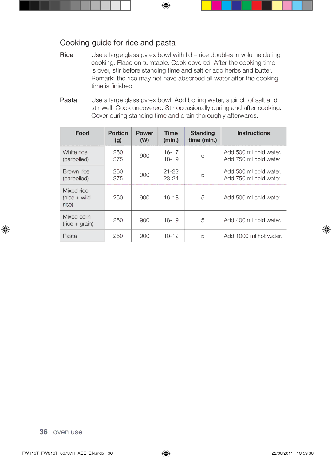 Samsung FW113T001/XEE manual Cooking guide for rice and pasta 