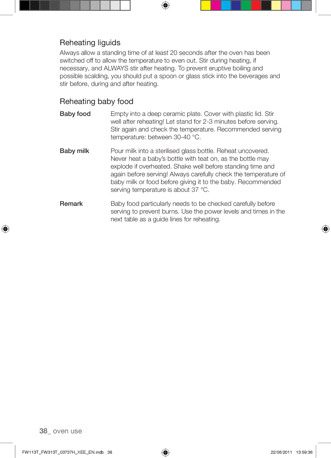 Samsung FW113T001/XEE manual Reheating liguids, Reheating baby food, Next table as a guide lines for reheating 