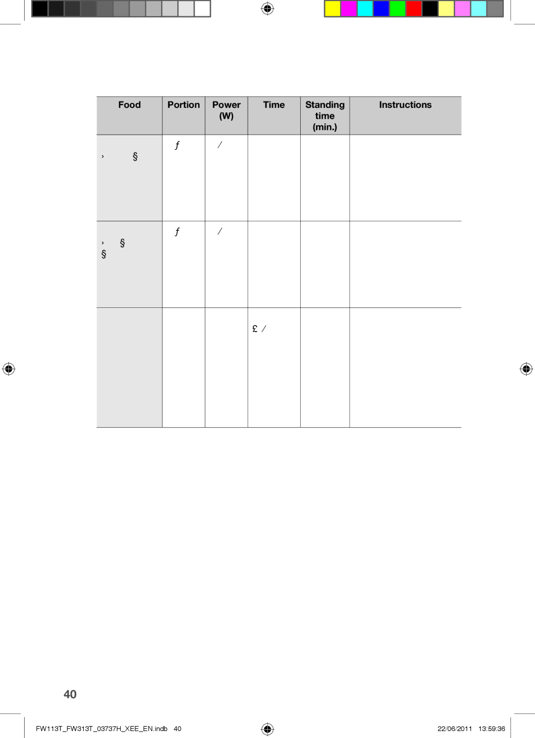 Samsung FW113T001/XEE manual Reheating baby food and milk, Food Portion Power Time Standing Instructions 